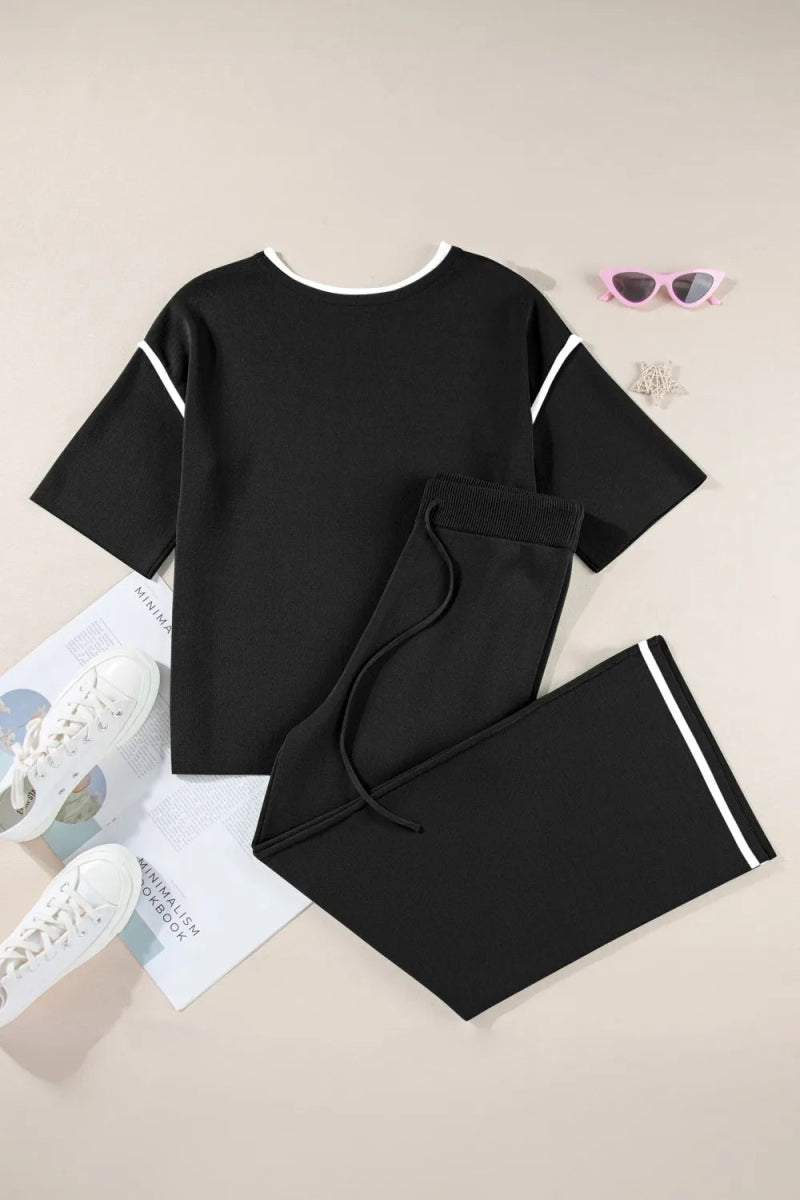 Contrast Trim Round Neck Top and Pants Set - CELIVINE