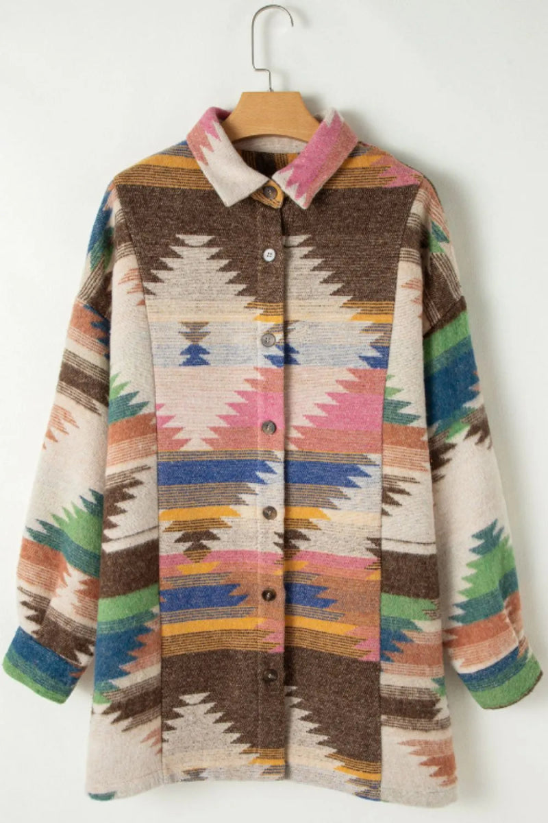 Geometric Button Up Long Sleeve Jacket - CELIVINE