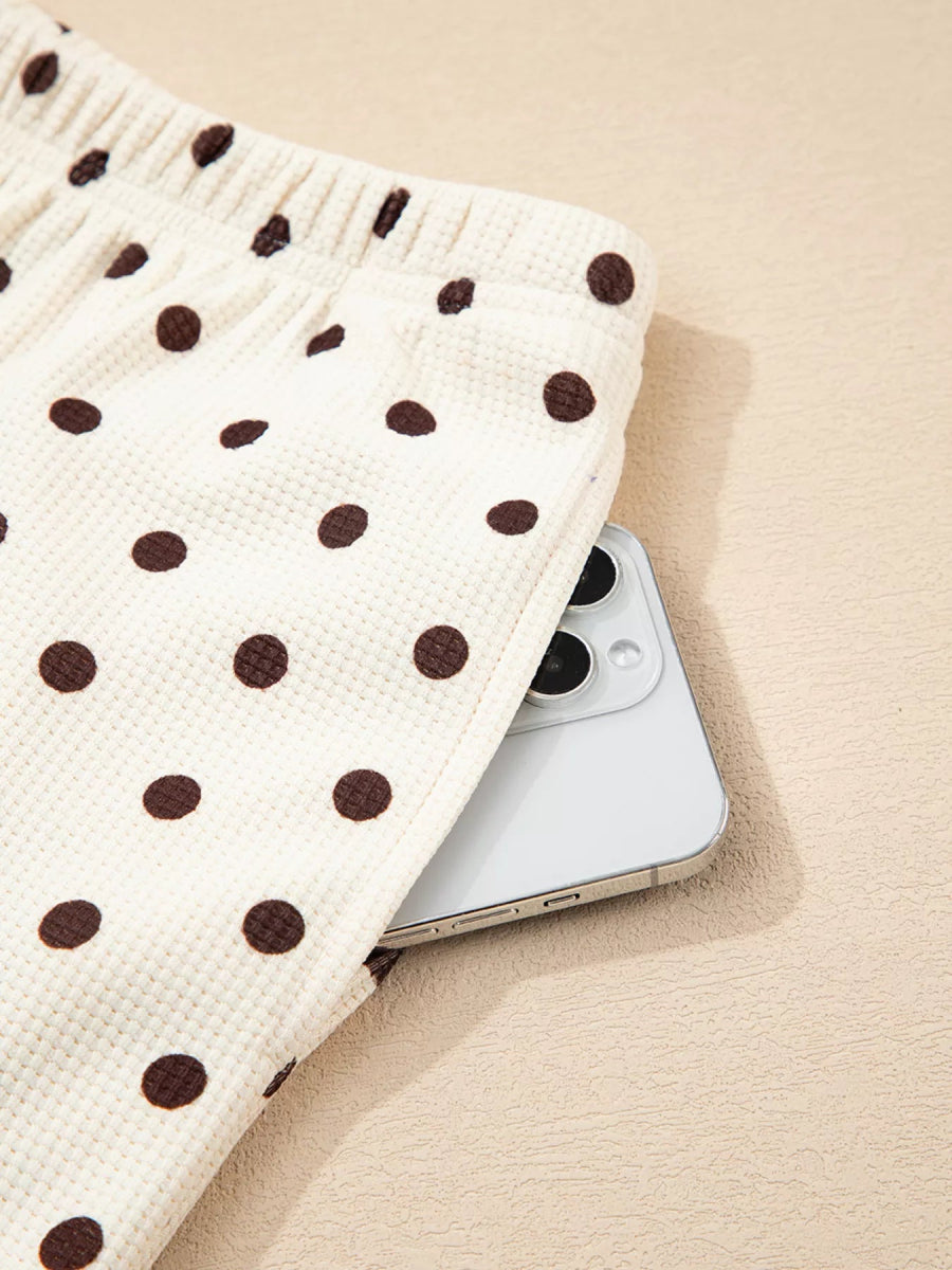 Polka Dot Notched Long Sleeve Top and Drawstring Joggers Lounge Set - CELIVINE