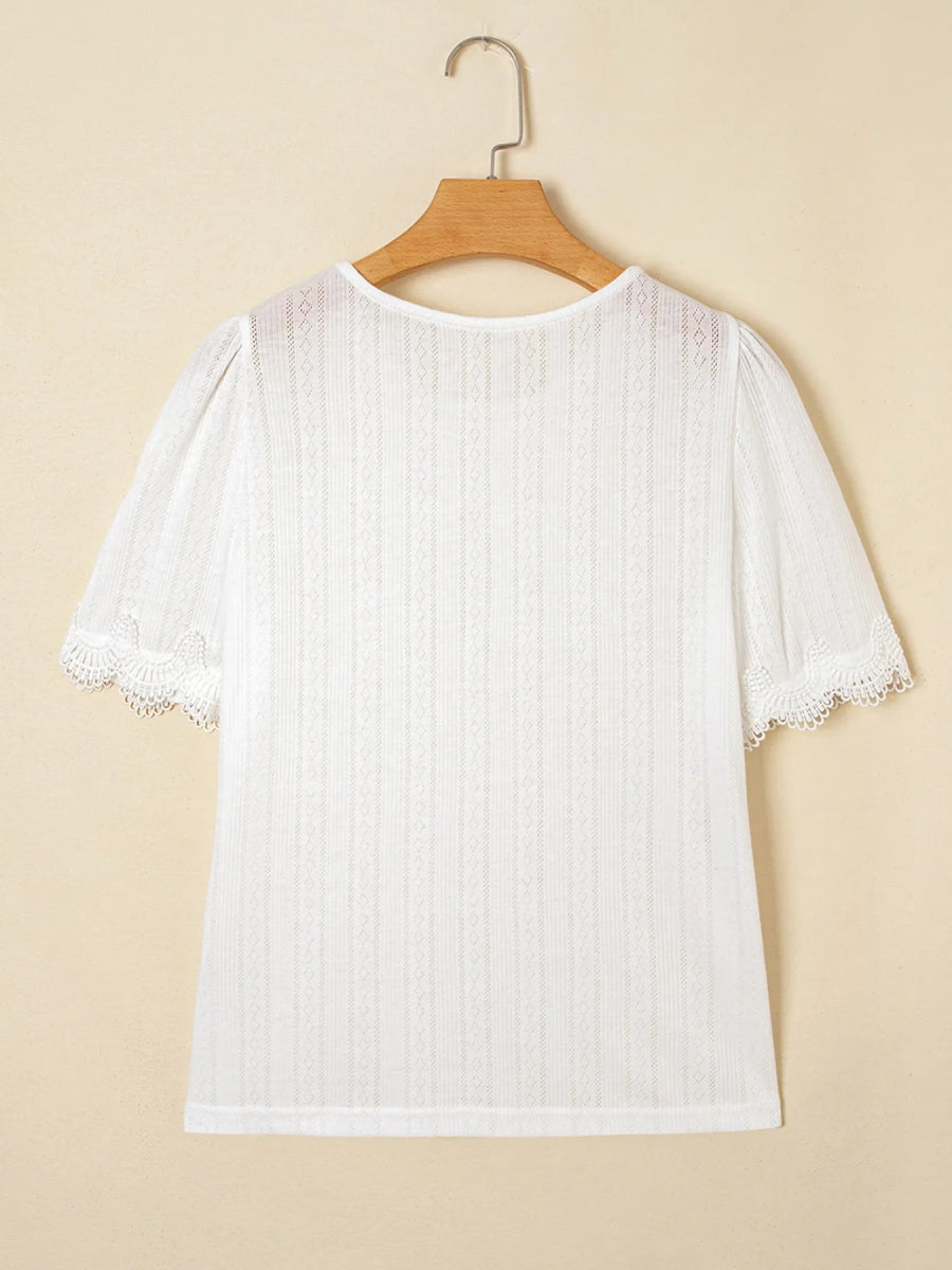Scalloped Lace Trim Jacquard Textured T Shirt - CELIVINE
