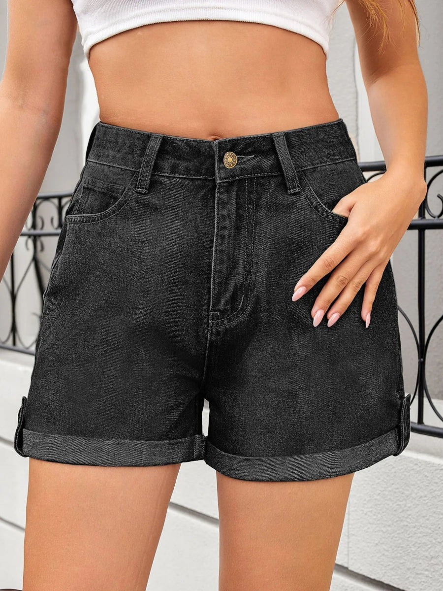 High Waist Rolled Hem Gradient Denim Shorts - CELIVINE
