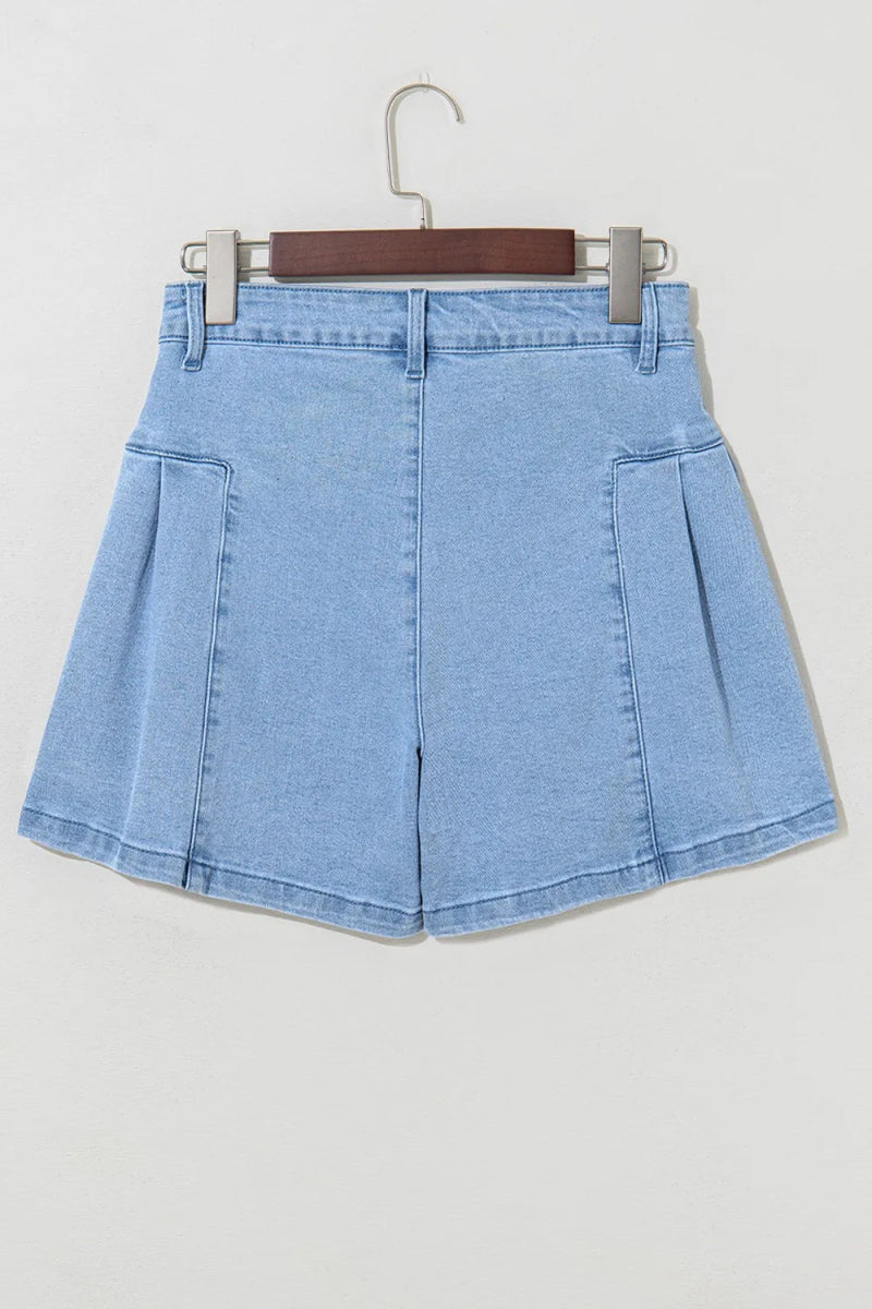 Pleated Patchwork Panel Lightweight Denim Shorts - CELIVINE