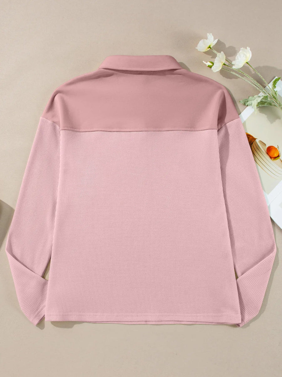 Long Sleeve Thermal Knit Polo Top - CELIVINE