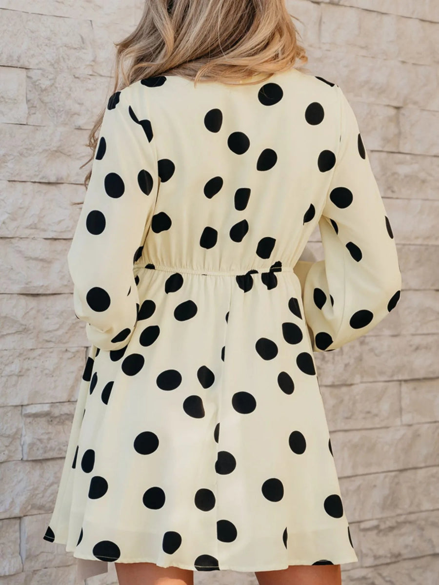 Polka Dot Surplice Puff Sleeve Mini Dress - CELIVINE