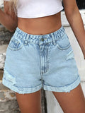 High - Waisted Distressed Denim Shorts - CELIVINE