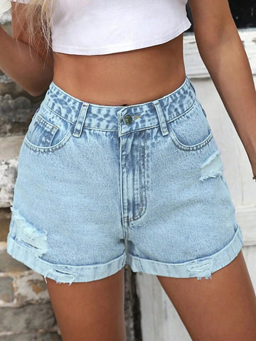 High - Waisted Distressed Denim Shorts - CELIVINE