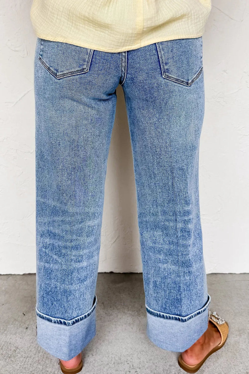 High - Waisted Wide - Leg Cuffed Jeans - CELIVINE