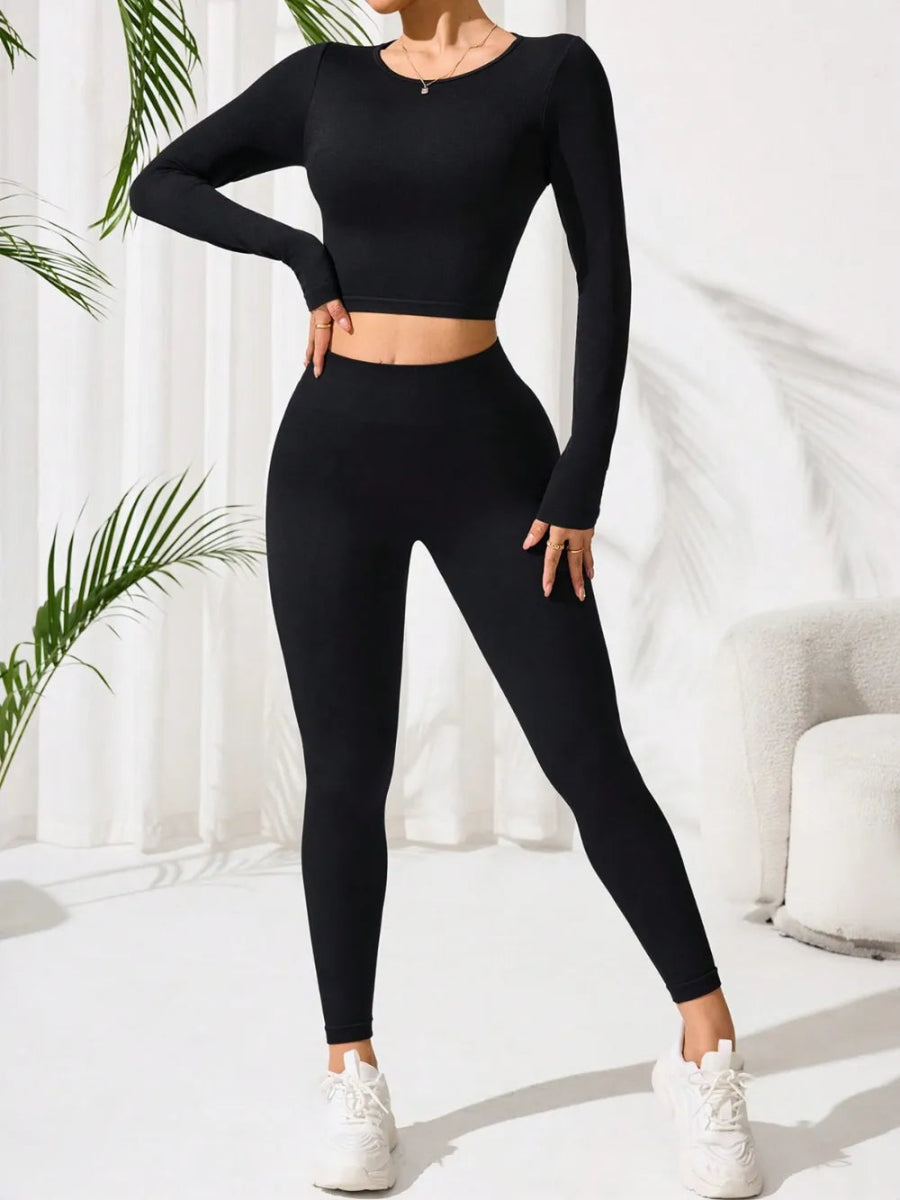 Lace - Up Back Round Neck Top and Leggings Active Set - CELIVINE
