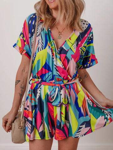 Multicolour Tropical Printed Surplice Neck Tie Waist Romper - CELIVINE