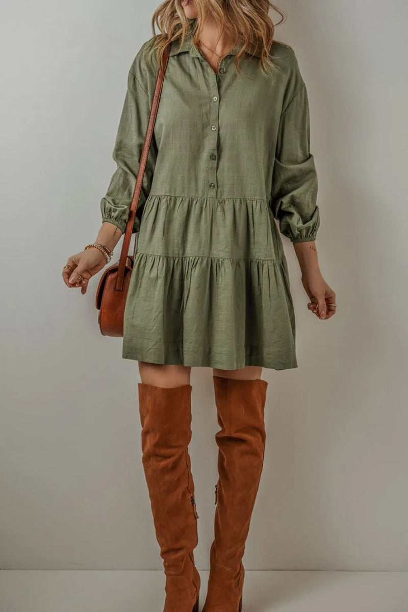 Tiered Collared Neck Balloon Sleeve Shirt Dress - CELIVINE