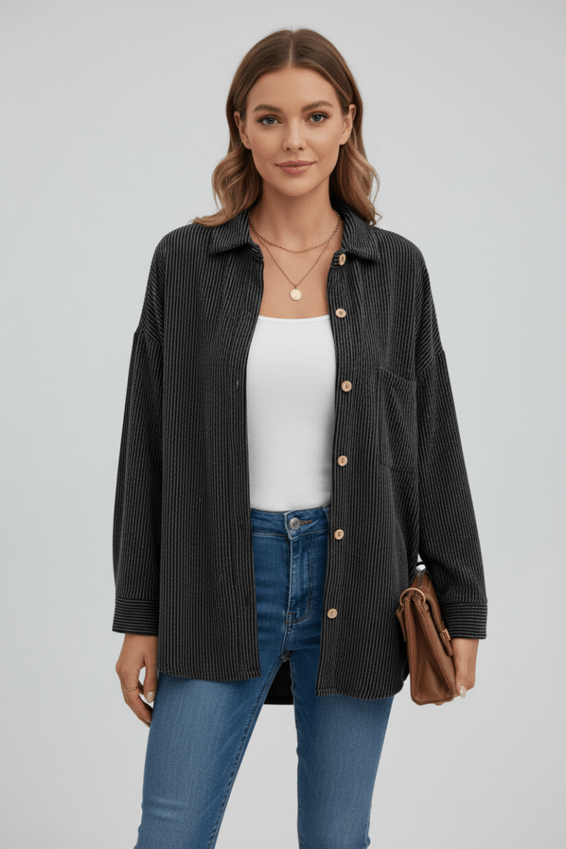 Dropped Shoulder Long Sleeve Shirts with Pocket - CELIVINE