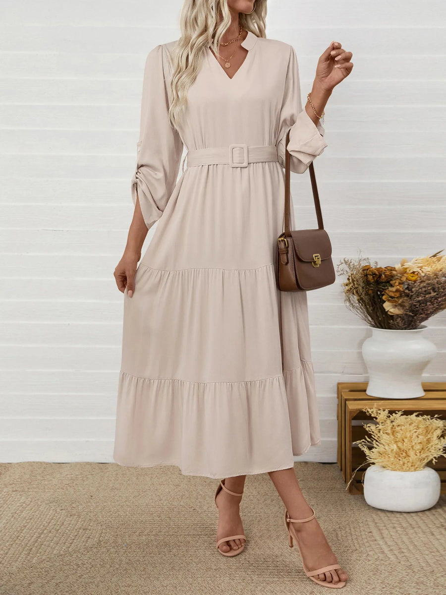 Tiered Notched Belted Midi Dress - CELIVINE