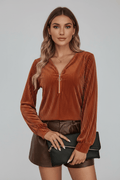 Ribbed Zip Up Long Sleeve T-Shirt - CELIVINE