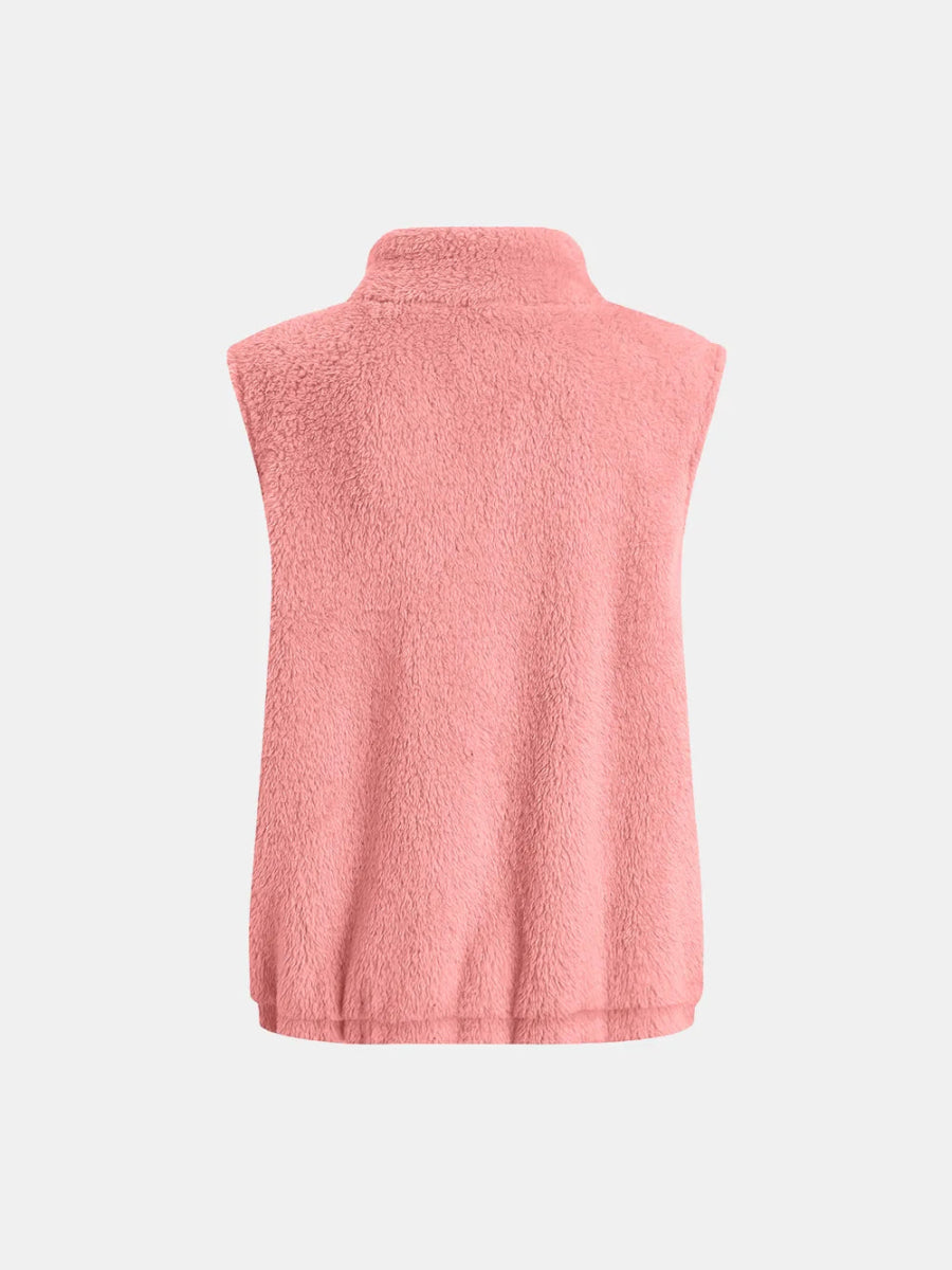 Full Size Fuzzy Zip Up Vest Coat with Pockets - CELIVINE