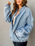 Elastic Edge Collared Zip Up Denim Jacket With Pocket - CELIVINE