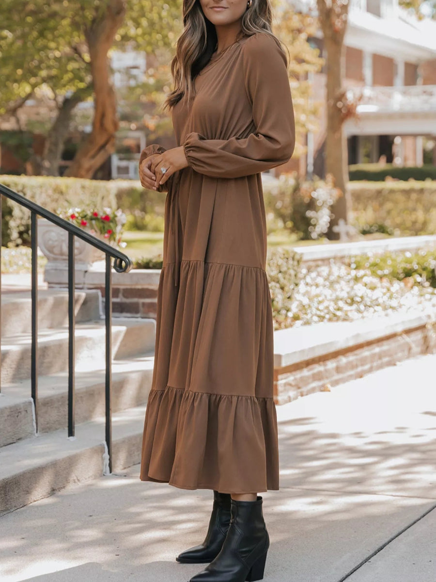 V - Neck Balloon Sleeve Tiered Dress - CELIVINE