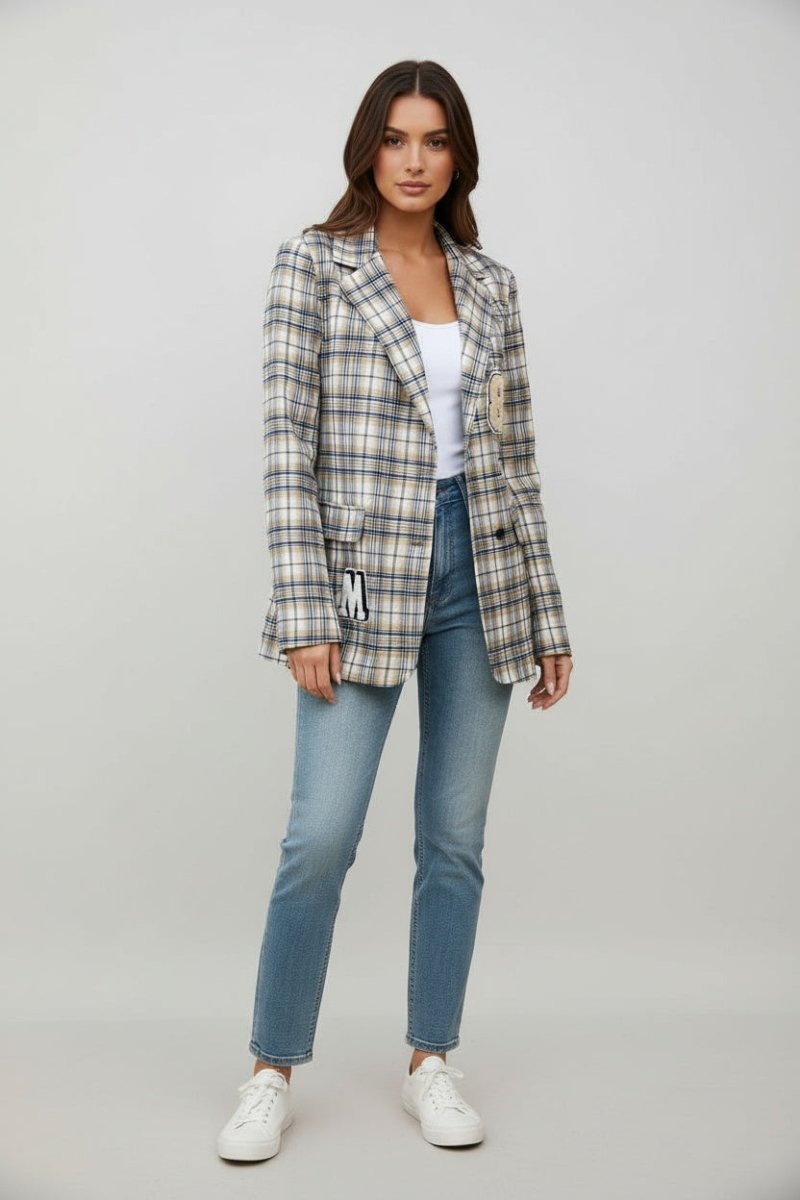 Number 87 Plaid Long Sleeve Blazer - CELIVINE