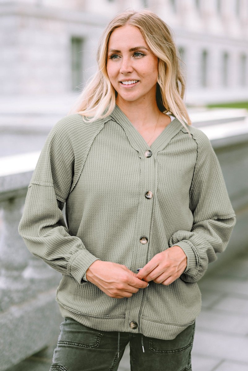Button Down V - Neck Waffle Knit Shirt - CELIVINE
