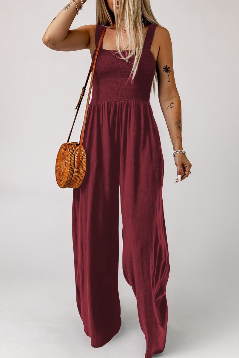 Smocked Square Neck Wide Leg Jumpsuit with Pockets - CELIVINE