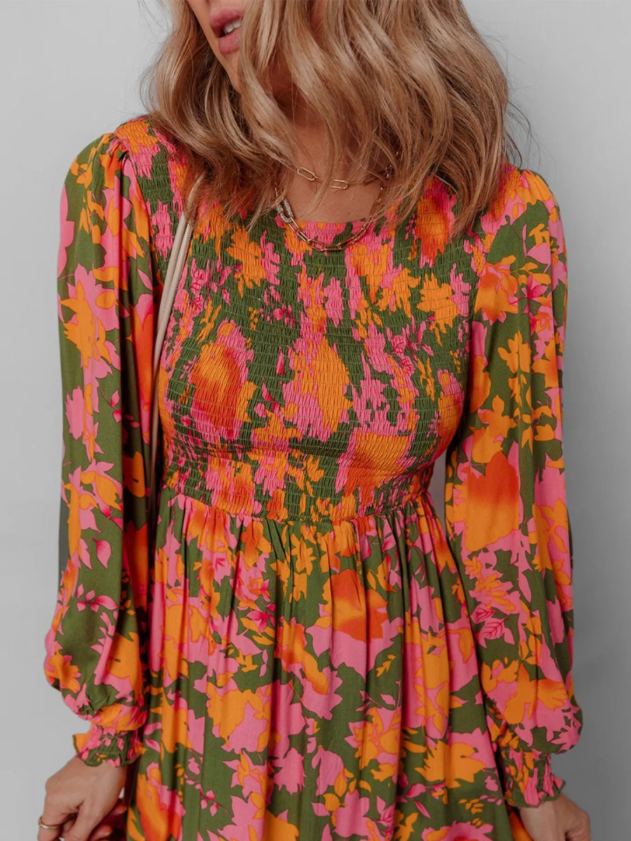 Smocked Floral Print Long Sleeve Maxi Dress - CELIVINE