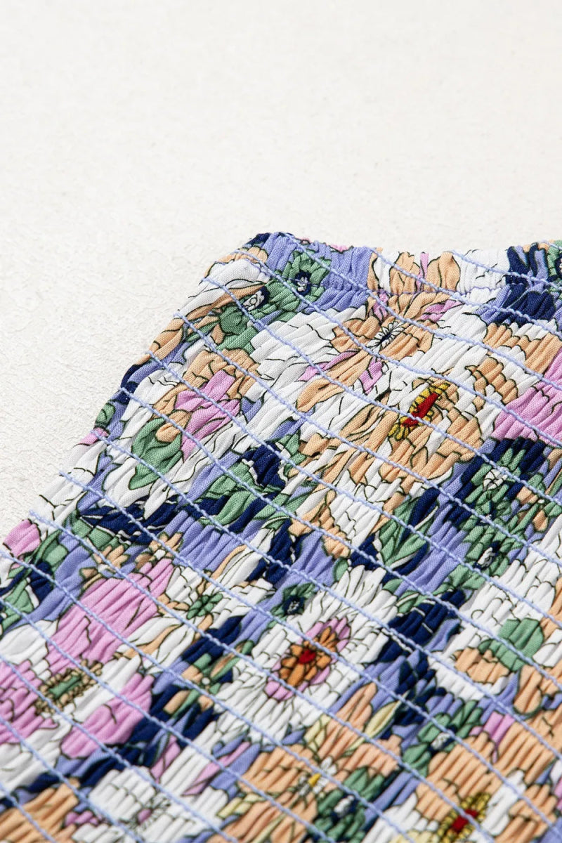 Floral Print Smocked High Waist Square Neck Jumpsuit - CELIVINE