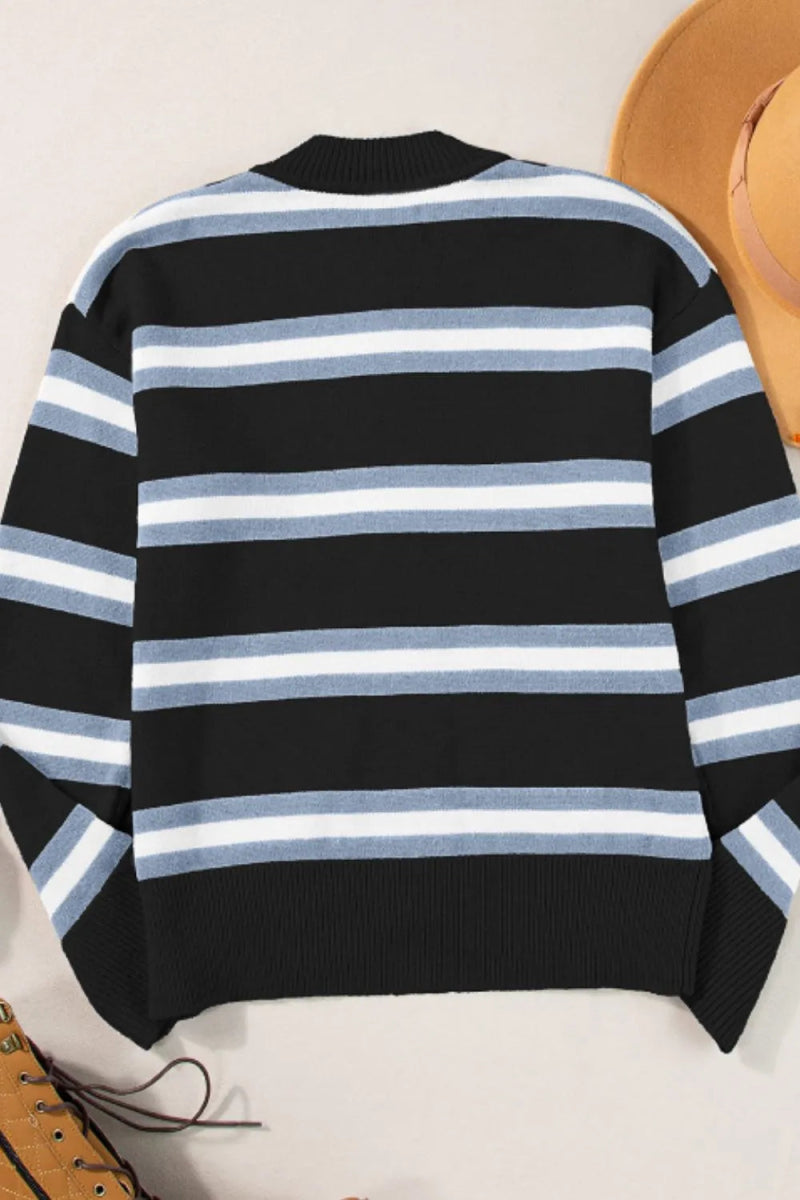 Striped Button Down Long Sleeve Cardigan - CELIVINE