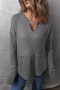 Waffle - Knit Exposed Seam Notched Long Sleeve Top - CELIVINE