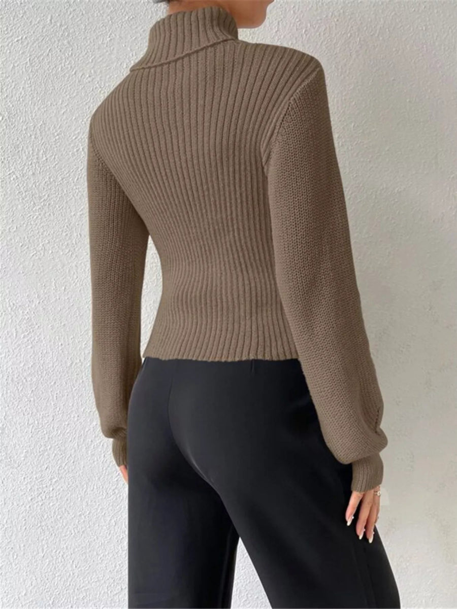Cutout Front Turtleneck Long Sleeve Sweater - CELIVINE