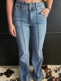 High - Waisted Flare Jeans with Seam Detail - CELIVINE