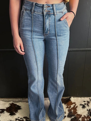 High - Waisted Flare Jeans with Seam Detail - CELIVINE