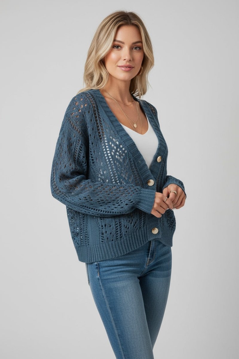 Openwork Button Up Long Sleeve Cardigan - CELIVINE