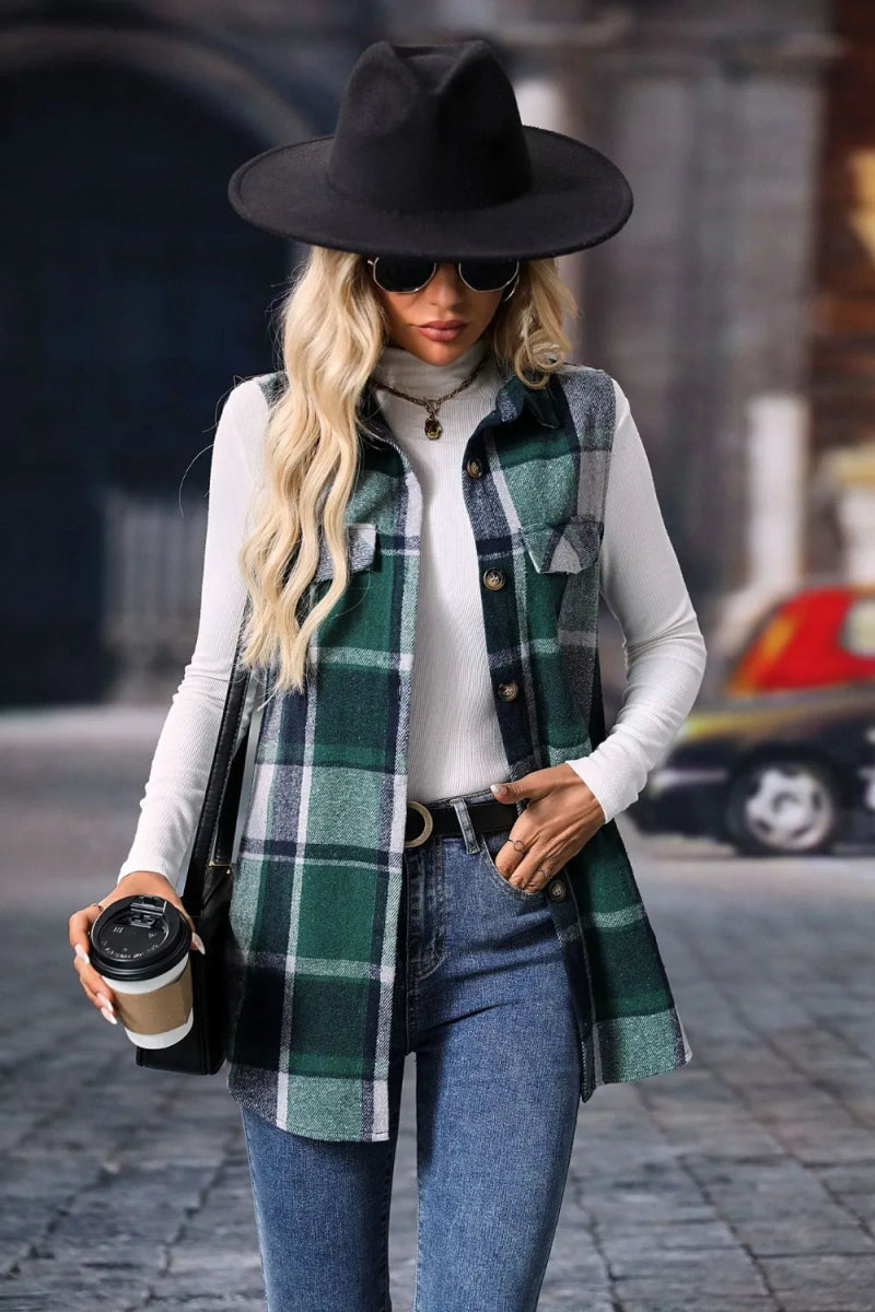 Plaid Button Up Vest Coat - CELIVINE