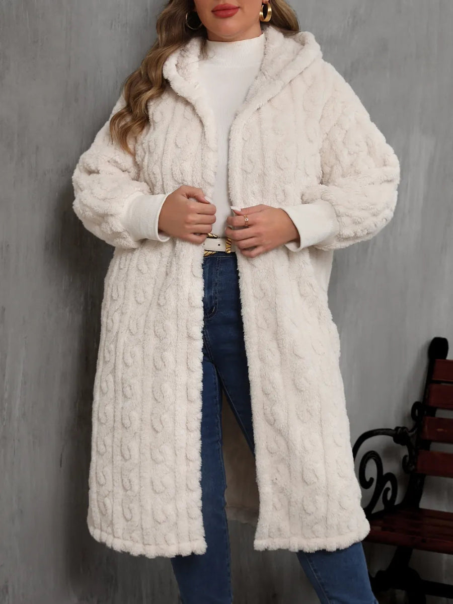 Plus Size Open Front Hooded Plush Coat - CELIVINE