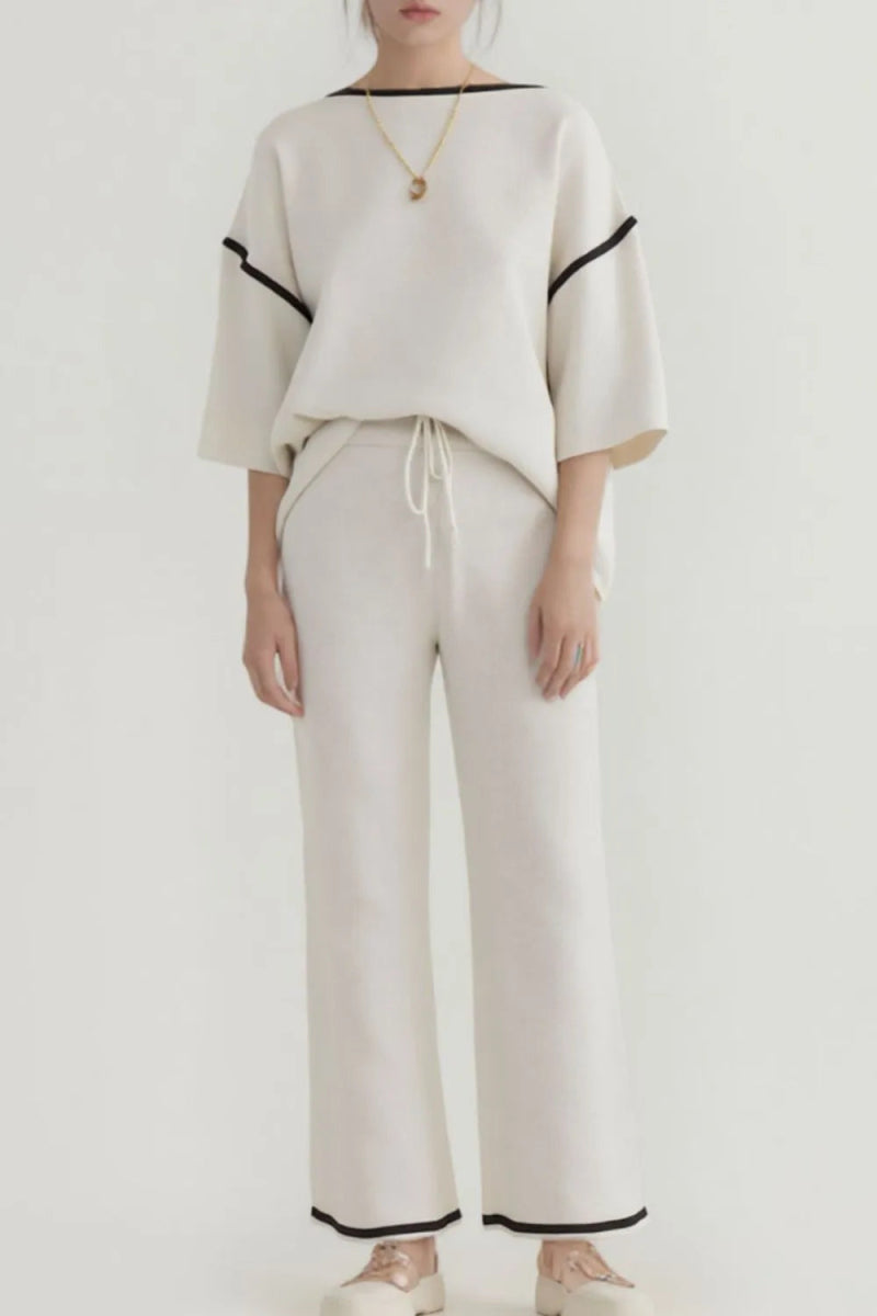 Contrast Trim Round Neck Top and Pants Set - CELIVINE