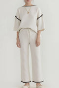 Contrast Trim Round Neck Top and Pants Set - CELIVINE