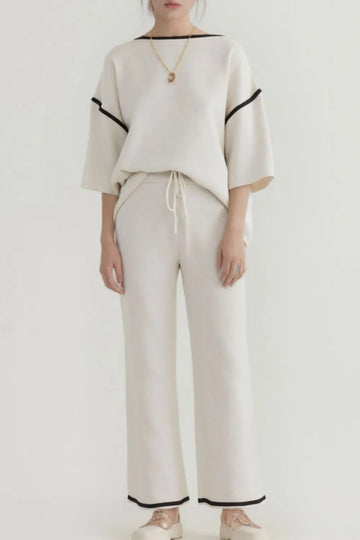 Contrast Trim Round Neck Top and Pants Set - CELIVINE