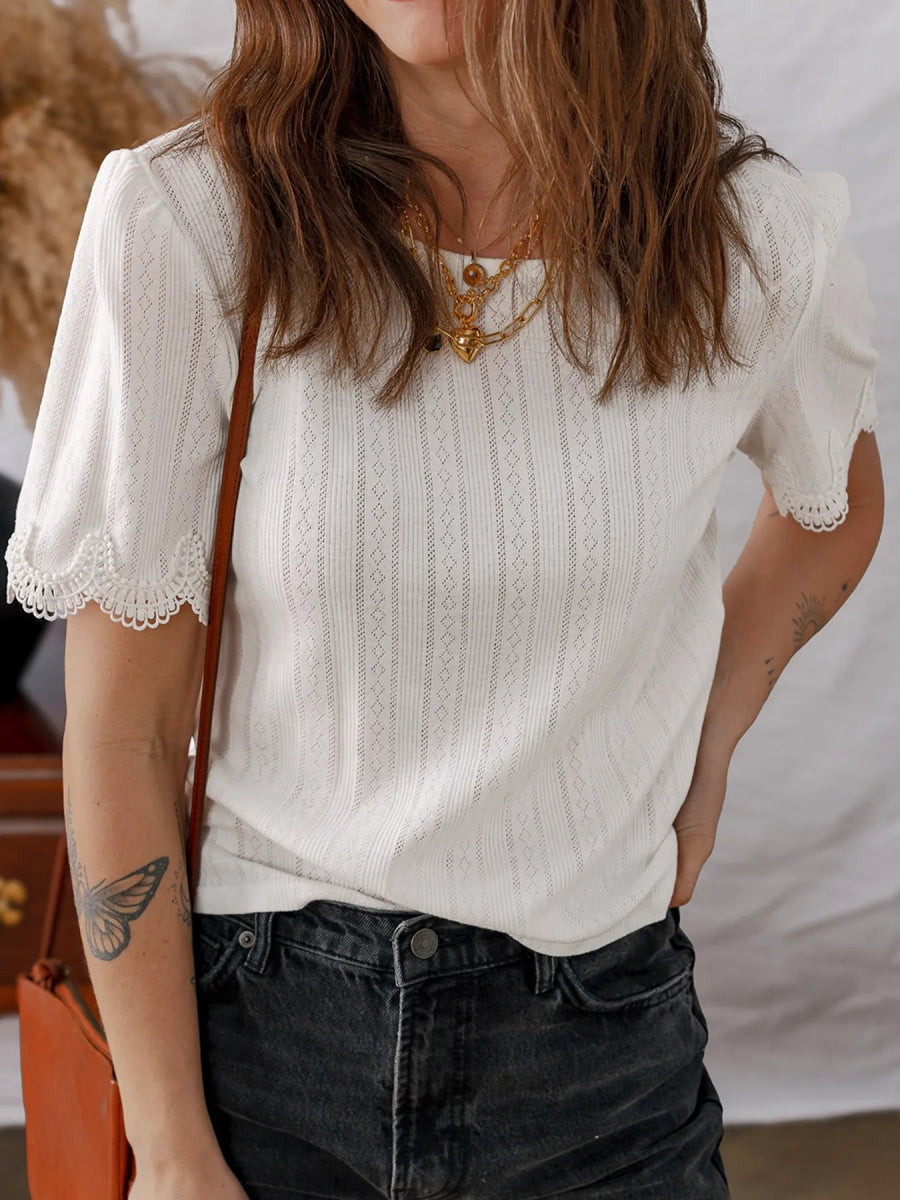 Scalloped Lace Trim Jacquard Textured T Shirt - CELIVINE