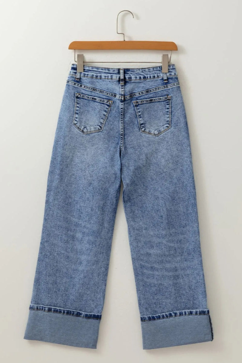High - Waisted Wide - Leg Cuffed Jeans - CELIVINE