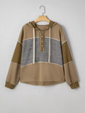 Mixed Texture Patchwork Exposed Seam Half Button Hoodie - CELIVINE