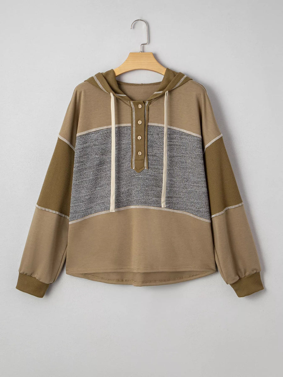 Mixed Texture Patchwork Exposed Seam Half Button Hoodie - CELIVINE