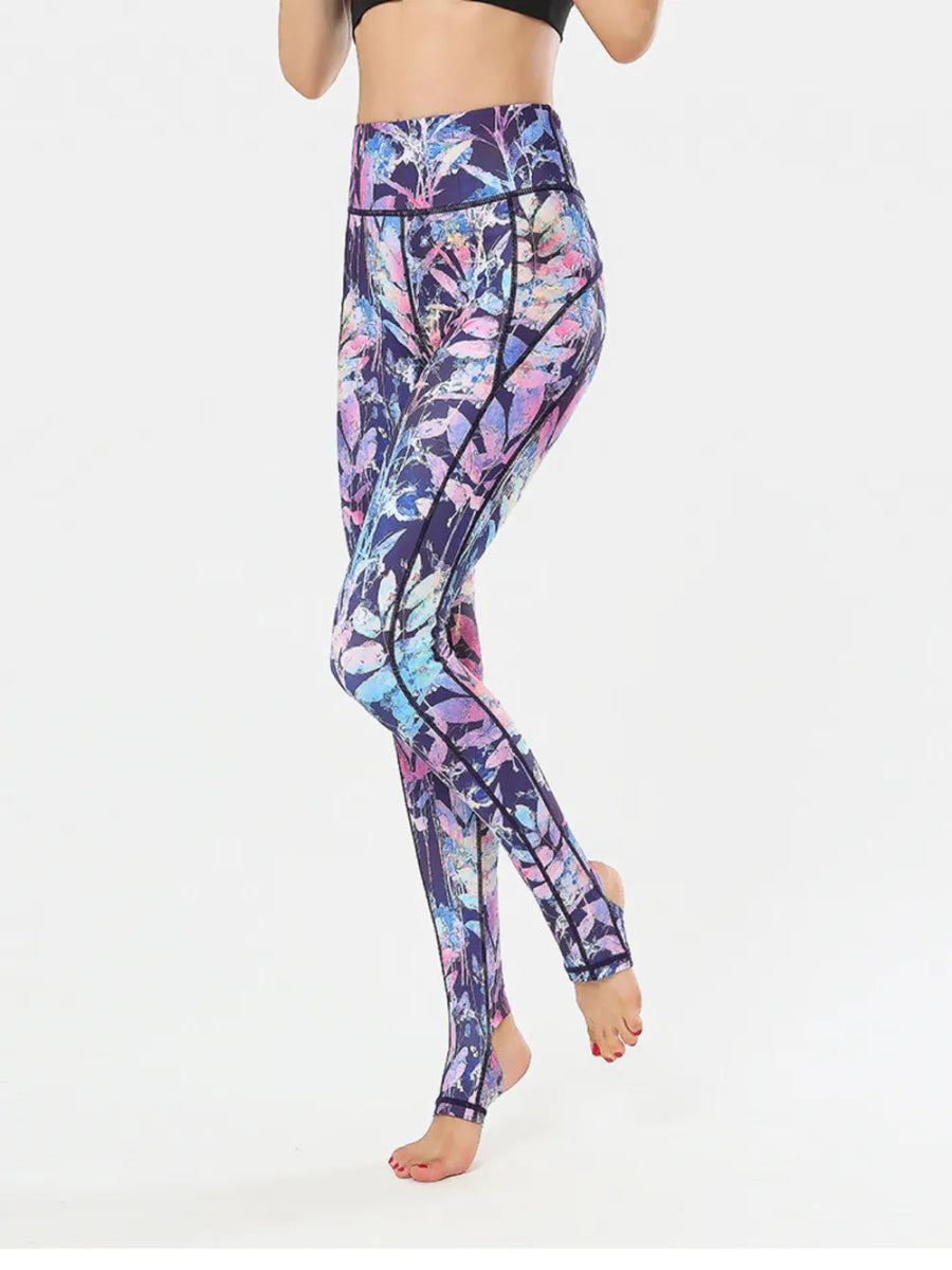 Printed Wide Waistband Active Leggings with Stirrups - CELIVINE