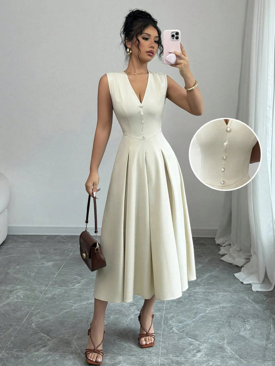 V - Neck Sleeveless Midi Dress - CELIVINE