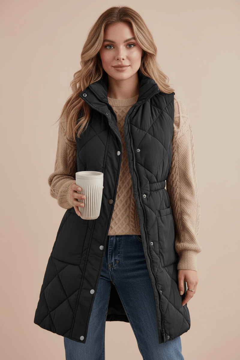 Pocketed Zipper and Button Vest Coat - CELIVINE