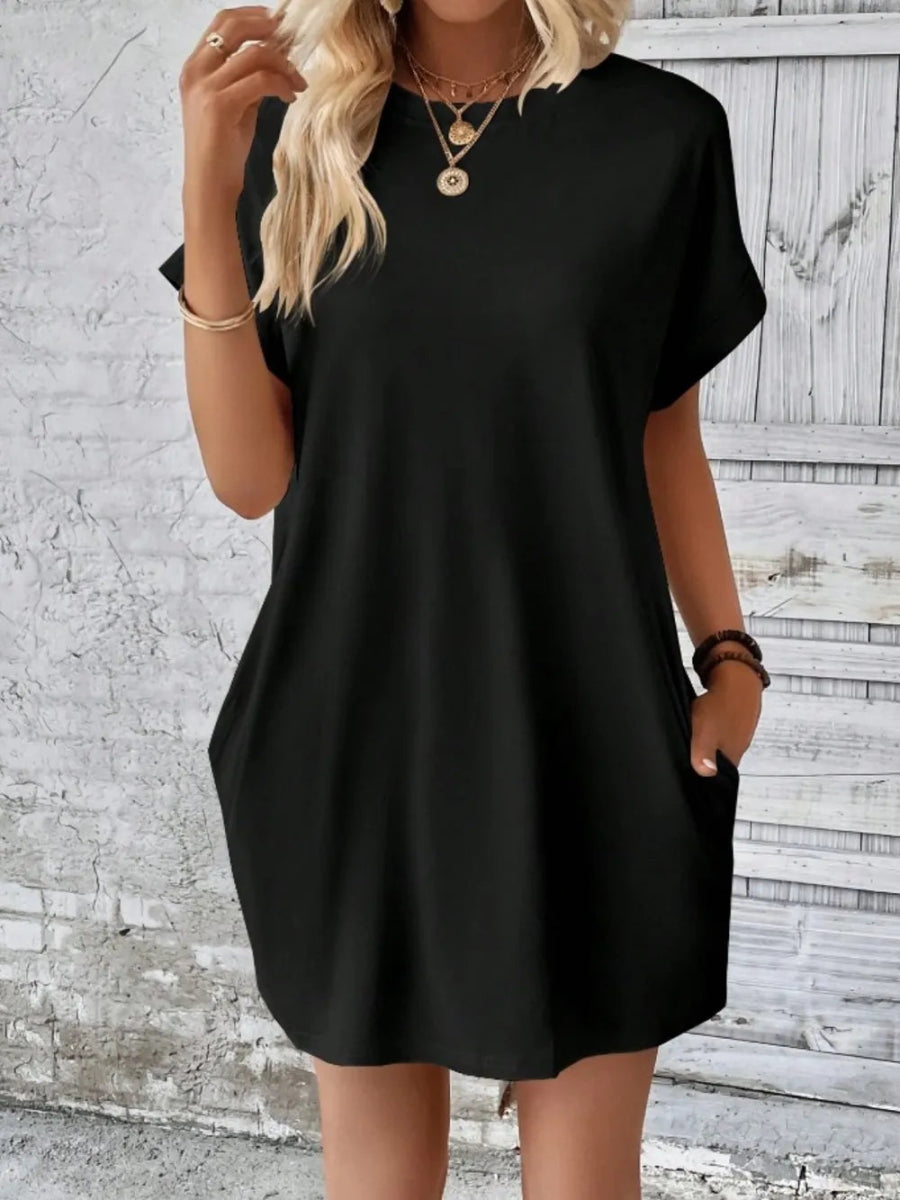 Pocketed Round Neck Short Sleeve Dress - CELIVINE
