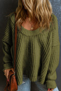 Ribbed Round Neck Dropped Shoulder Sweater - CELIVINE