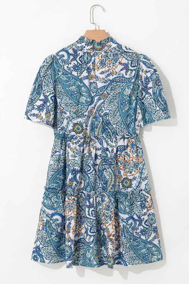 Paisley Floral V Neck Short Sleeve Mini Dress - CELIVINE