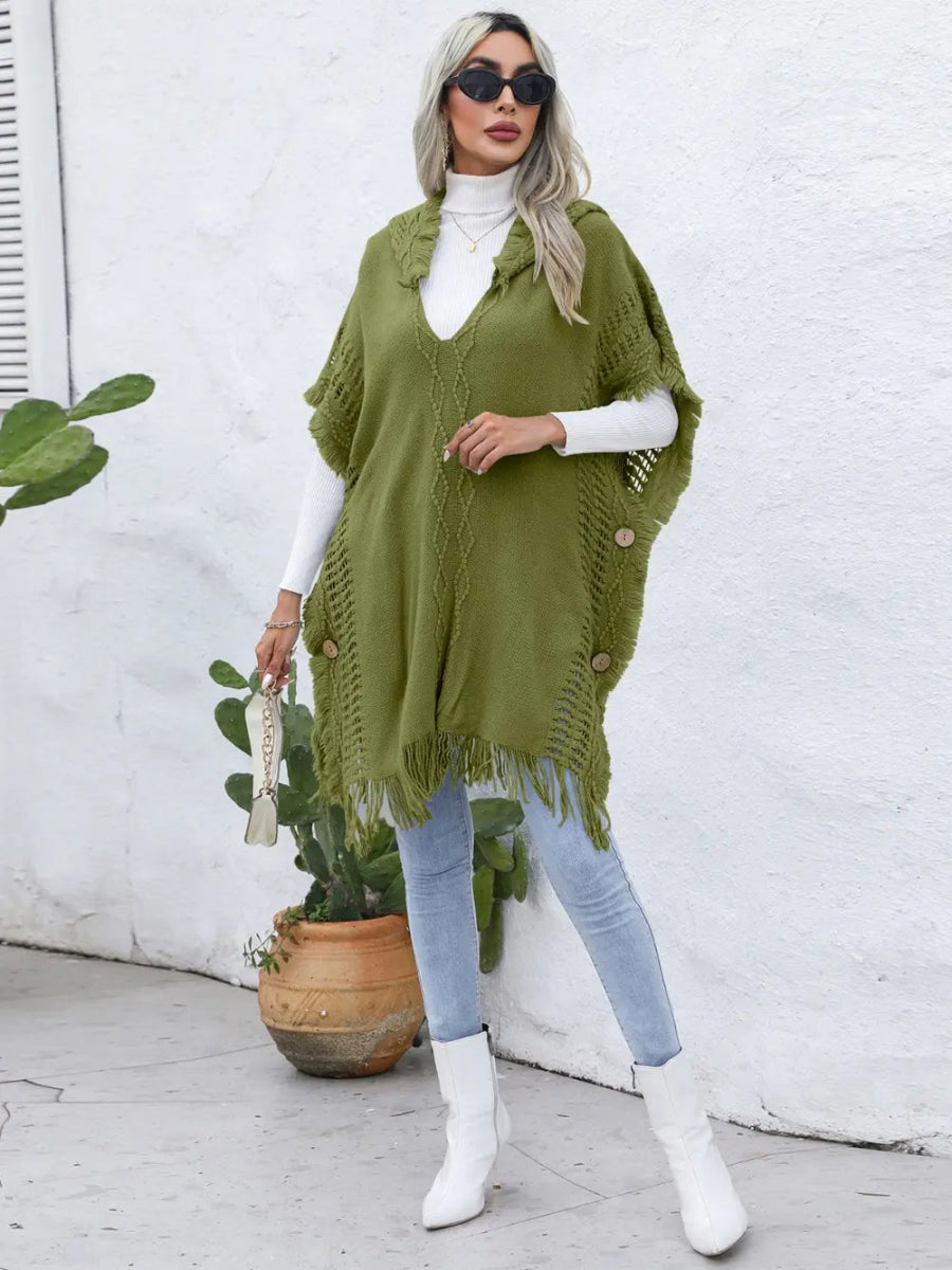 Fringe Trim Buttoned Hooded Poncho - CELIVINE