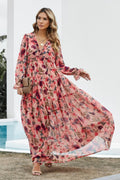 Floral Frill Trim Flounce Sleeve Plunge Maxi Dress - CELIVINE