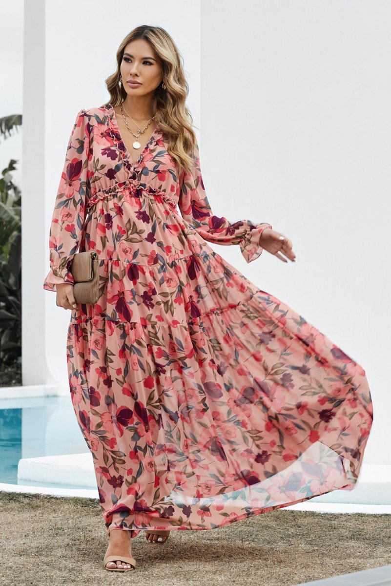 Floral Frill Trim Flounce Sleeve Plunge Maxi Dress - CELIVINE