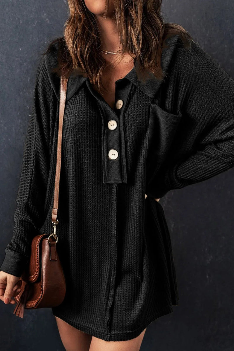 Waffle Knit Button Front Dress - CELIVINE